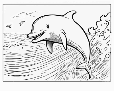 Розмальовка усміхненого дельфіна, що вистрибує зі спіненої хвилі над морем